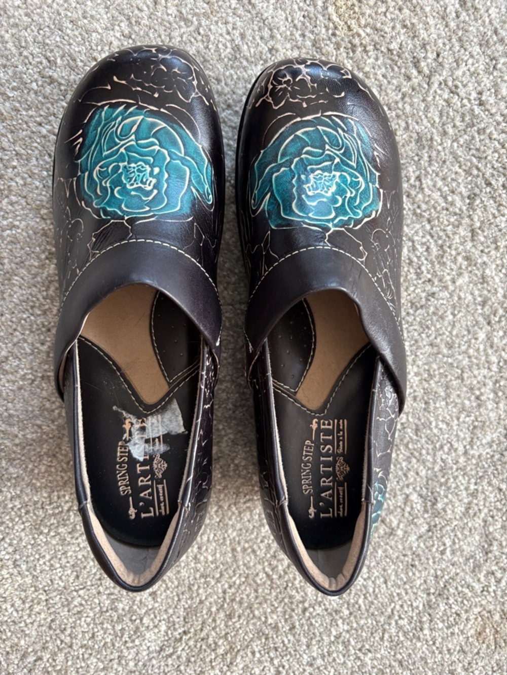 L'Artiste by Spring Step Black Leather Floral Slip-On Loafers with Teal Accents